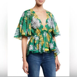 ALEXIS DAYAL FLORAL PRINT SHORT-SLEEVE HIGH-LOW PEPLUM TOP GREEN & YELLOW